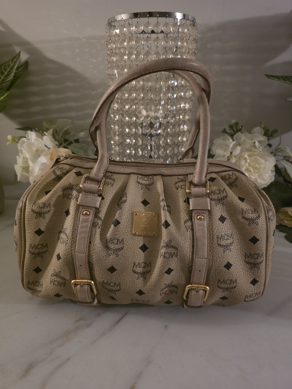 MCM Beige Monogram Boston Satchel Bag